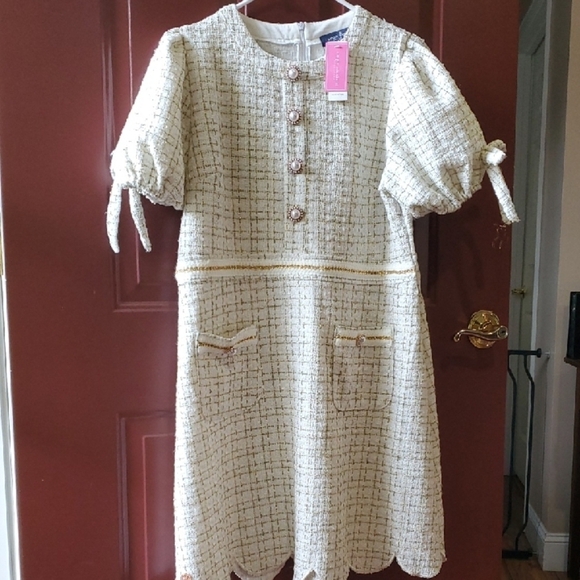 Simply Southern Scalloped Cream Tweed With Puffy Sleeves NWT LARGE - Picture 3 of 13